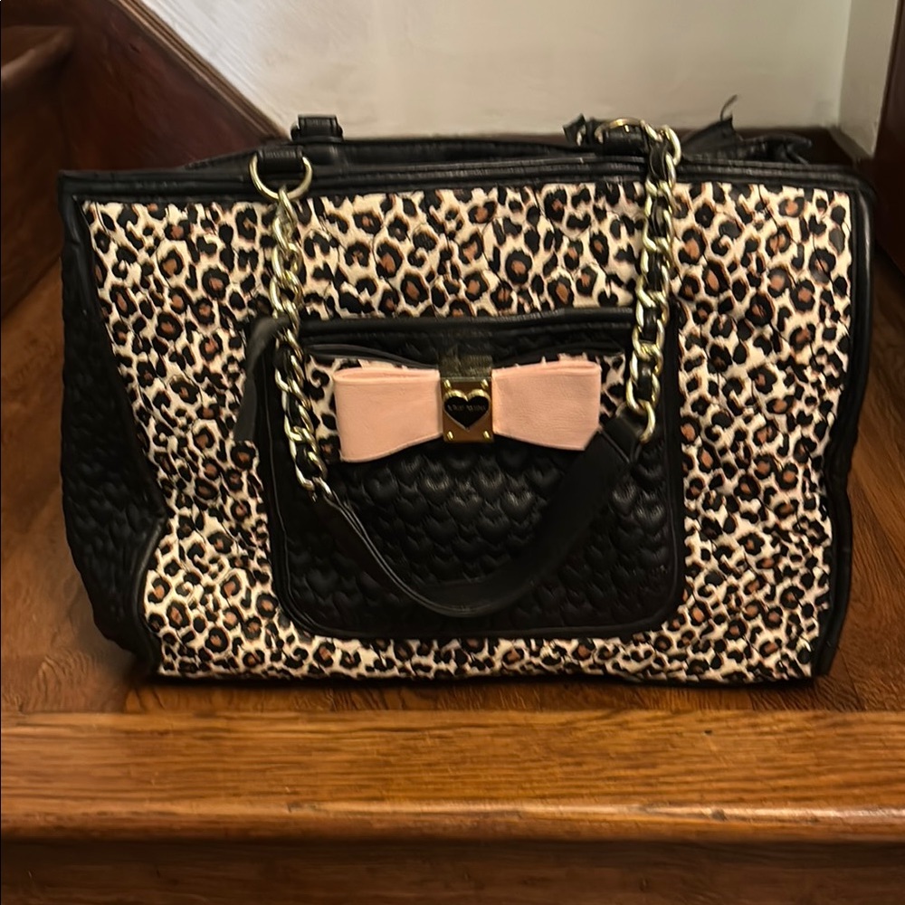 Betsey Johnson Leopard Print Shoulder Bag with Black and Pink Accents